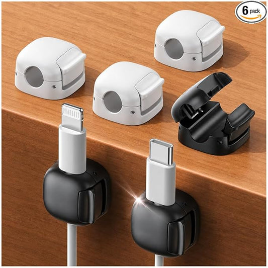 6Pack Cord Organizer - [Dual Spring & Clasp Lock] Cable Management Clips, Adhesive Phone Charger Keeper, Compact Wire Holder for Nightstand/Car, Home Office Desk Accessories Decor Essentials