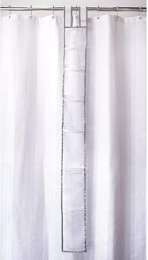 Skywin 7 Pockets Hanging Shower Curtain Liner Caddy 60 x 6 Inches - 100% Polyester Mesh Shower Caddy Hanging - Shower Organizer for Shower Rod or Door - Quick Dry Fabric with Adjustable Velcro Strap