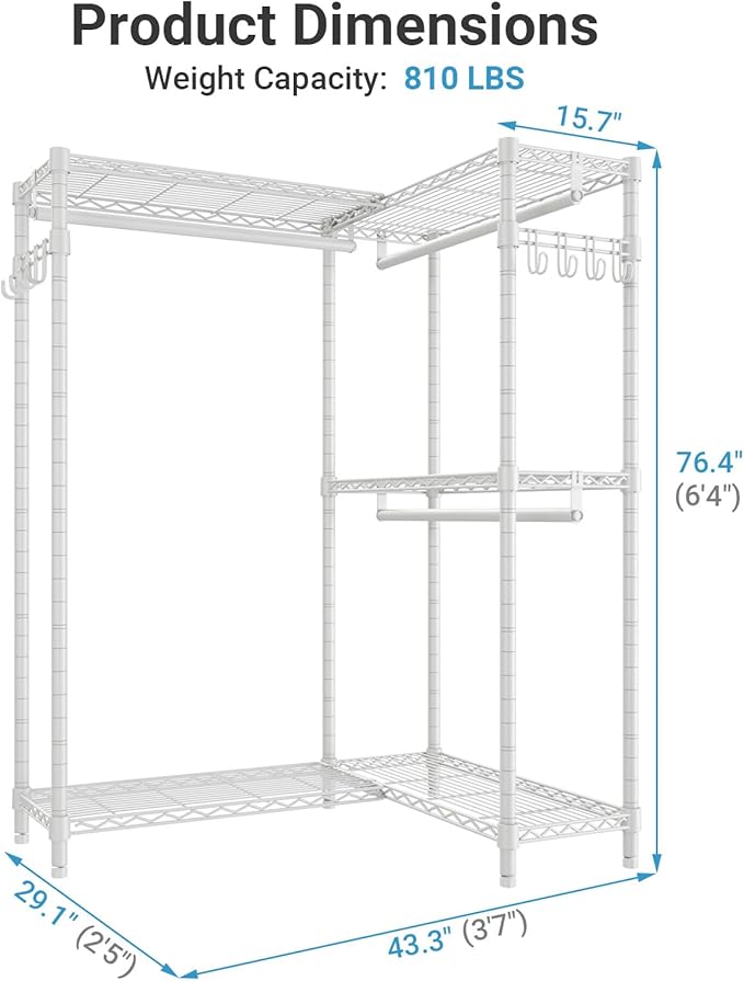 VIPEK L4 Clothes Rack L Shaped Garment Rack for Corner, 810lbs Heavy Duty Portable Closet Metal Clothing Rack, Adjustable Shelving/Sturdy Hanging Rods/Side Hooks, White