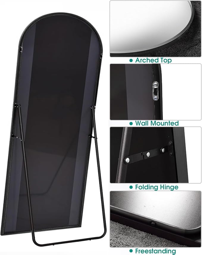 BEVERDY Full Length Mirror, Arched Floor Mirror with Stand, 26"x68" Oversized Floor Mirror, Wall Mirror Full Length Freestanding, Wall Mounted Mirror for Bedrooom Living Room, Black