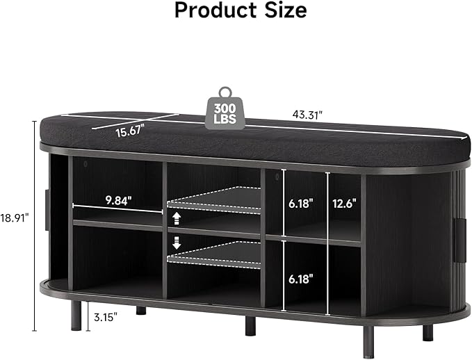 Oval Shoe Storage Bench with Padded Seat Cushion, 2-Tier Fluted Shoe Cabinet with Adjustable Shelves, Mid-Century Bench Compact for Entryway, Hallway, Closet, Front Accent, Foyer, Bedroom, Black