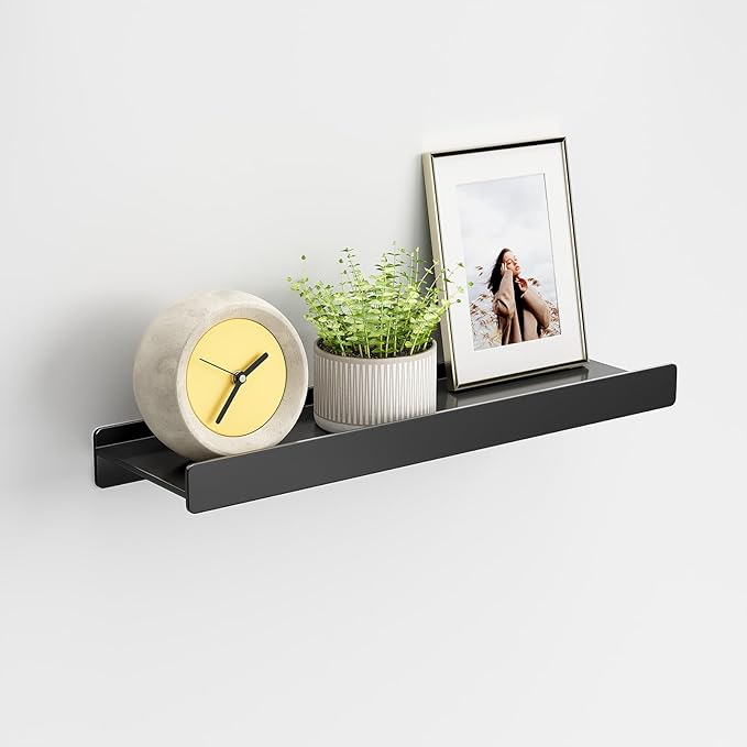 Floating Shelves for Wall, Wall Mounted Shelves with Lip for Storage, Metal Display Shelves for Home Decor, Kitchen/Living Room/Bedroom/Bathroom Shelf, Black 16 inch 1 Pack