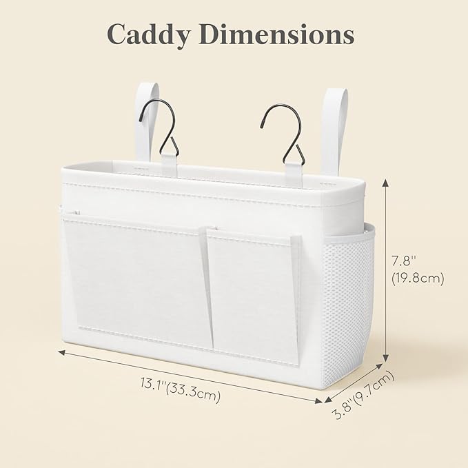 Lifewit Bedside Caddy Storage Organizer, Hanging Storage Bag with Fixed Straps, Book Remotes Holder for Home, College, Dorm, Bunk, Hospital, Crib Bed Rails, White