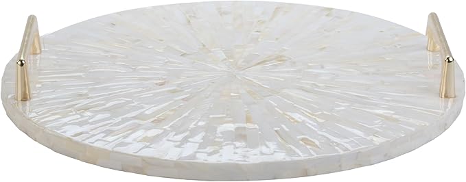 PEMAR Mother of Pearl Decorative Tray, 13"" Round with Gold Metal Handles, Vanity/Perfume/Trinket Tray, Catchall for Dresser, Bathroom, Vanity Table (White Sunlight)