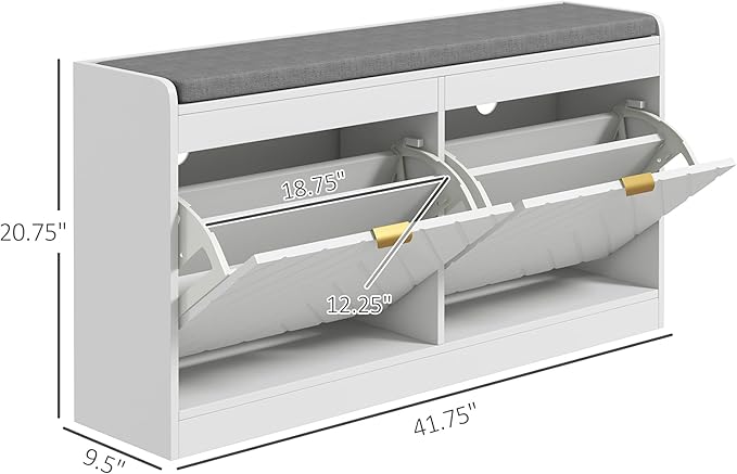 HOMCOM Shoe Bench, Entryway Bench with 2 Flip Drawers, Seating Cushion, and 2 Vents for 8 Pairs of Shoes for Hallway, White