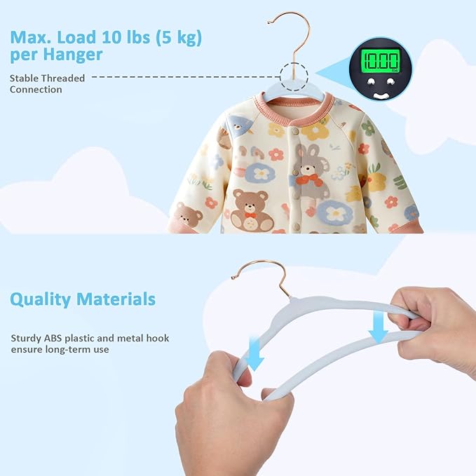 Tonswachic 30-Pack 11 Inch Baby Closet Hangers with 10 Clips - Soft Velvet Non-Slip Hangers for Infant & Toddler Clothes - Blue