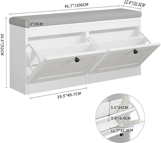 VOWNER Shoe Bench with 2 Flip Drawers, Shoe Organizer Storage Bench with Adjustable Shelves for Entryway, Hallway, Living Room (White)