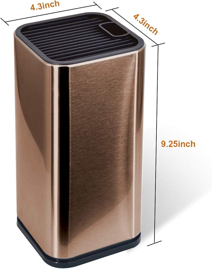 Rose Gold Stainless Steel Universal Knife Block Holder with Slots for Scissors or Sharpening Rod, Space Saver Knife Storage, Detachable for Easy Cleaning, Square Knife Holder For Safe