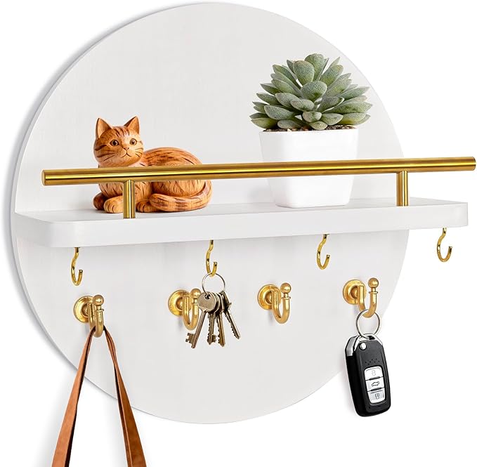 Key Holder Wall Mount with Shelf and Hooks, 11.8 Inch Entryway Gold Key Holder for Wall Decor (White&Gold)
