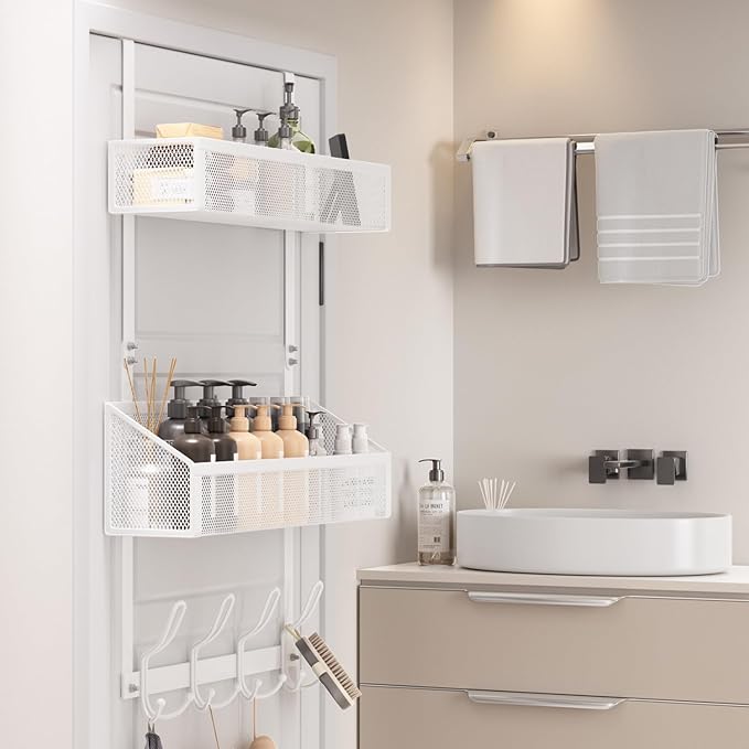 12-Hook Over Door Organizer with 2 Mesh Baskets Space-Saving 2-Tier Hanging Rack for Towels, Coats & Pantry Items, Heavy Duty Metal Storage for Bathroom, Kitchen & Bedroom, White
