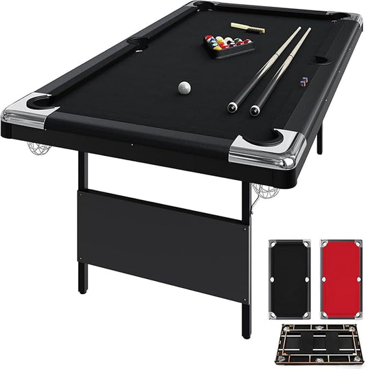 7 Foot Pool Table for Family, Foldable No Assembly Pool Table with Balls, Cues, Chalk, Rack & Brush, Portable Billiards Game Table for Apartment, Basement, Office & Game Room