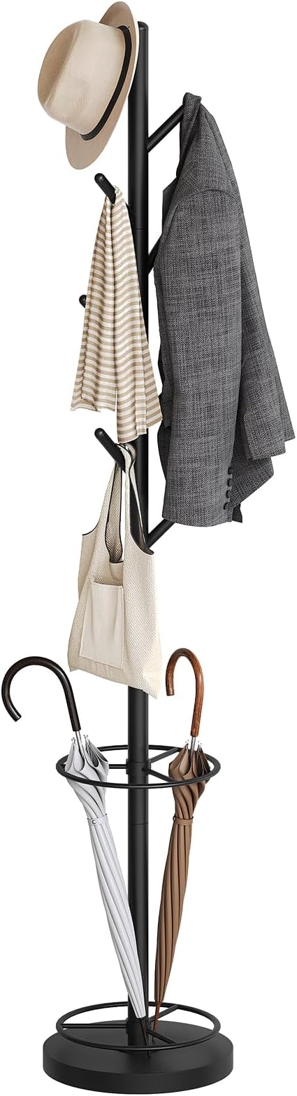 YATINEY Coat Rack Freestanding with Umbrella Holder, Coat Rack Stand with 8 Hooks, Heavy Duty Coat Tree for Entryway, Modern Clothing Rack, Metal Coat Hanger Stand for Bedroom, Office, Black YM03BB