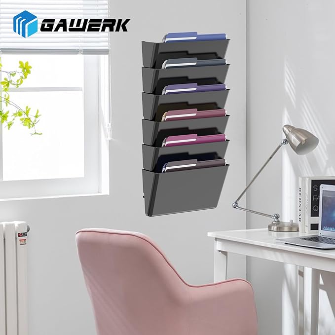 Gawerk Clear Acrylic Single Pocket, Plastic Hanging Wall Mount File Holder for Office Home (Black, 8 Pack)