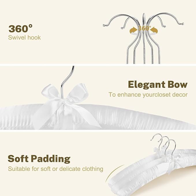 HOUSE DAY 17 Inch Satin Padded Hangers for Women, 4 Pack Heavy Duty Silk Hangers with Swivel Hooks, No Shoulder Bump Thick Foam Hangers for Sweater, Wedding Dress, Coat & Delicate Cashmere - White