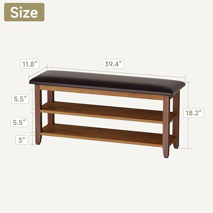 Shoe Bench with Leather Cushion,Wood Bench with Shoe Rack,2-Tier Shoe Storage Organizer for Entryway,Hallway,Living Room (2-Tier-39.4", Rubberwood)