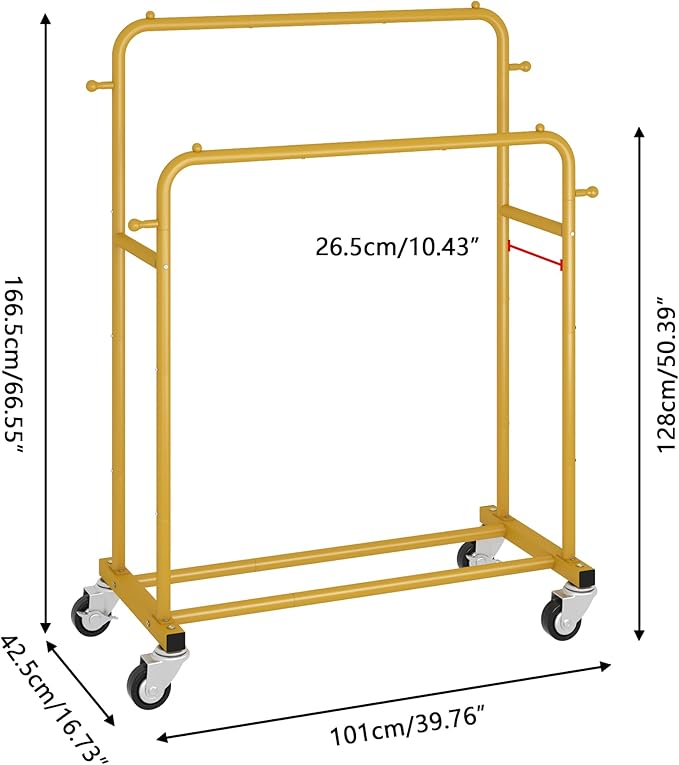 Laiensia Double Rods Garment Rack with Wheels, Clothing Rack for Hanging Clothes,4 Hooks, Multi-functional Bedroom Clothes Rack, Gold