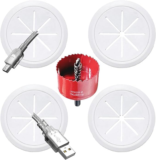 4 Pack TV Cord Hider for Wall Mounted TV, 2-3/8"(60mm Hole) Wire Hider in Wall Cable Management Kit, Includes 4 Pass Throughs and 1 Hole Saw Drill Attachment Easy to Install