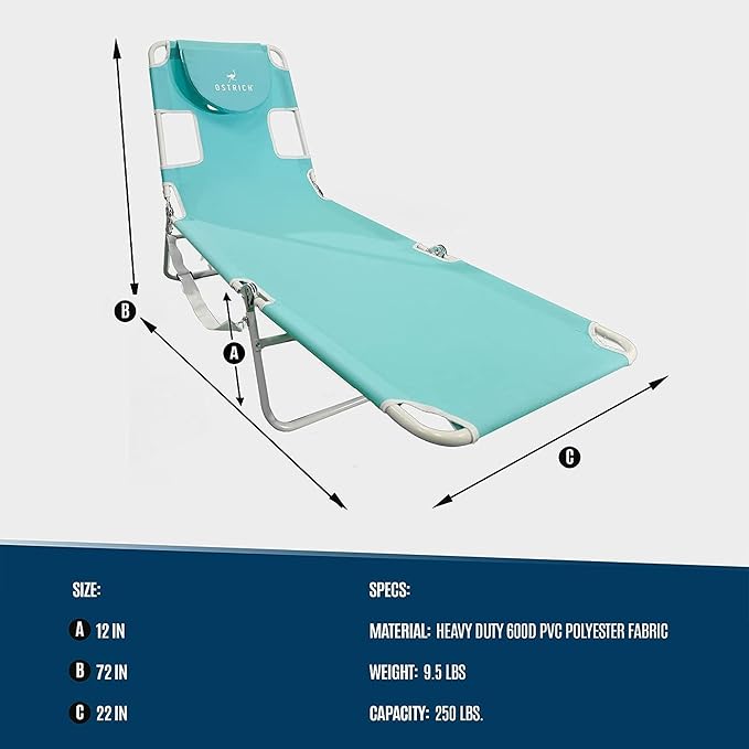 Ostrich the Original Chaise 72 x 22 Inch Lounge Portable Reclining Lounger, Outdoor Patio, Beach, Lawn, Camping, or Pool Tanning Chair, Aqua