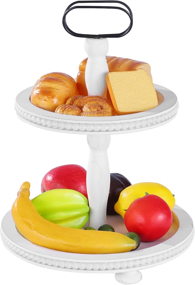 Urban Deco Wooden Decorative Tray Two Tiered Trays Decorations Round Serving Tray with Metal Handle, Wooden Cupcake Stand for Party Tiered Dessert Stand - Retro White Farmhouse Wood Tray