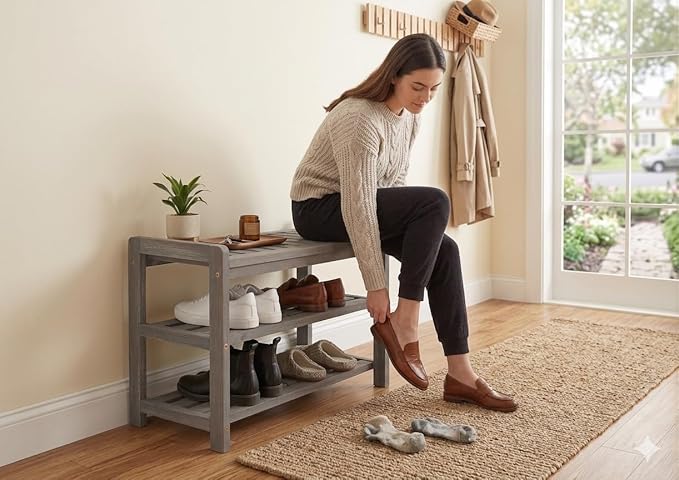 27-Inch Wooden Shoe Bench for Entryway, 3-Tier Storage Organizer, Rustic Shoe Rack Bench for Narrow Spaces, Brush Grey