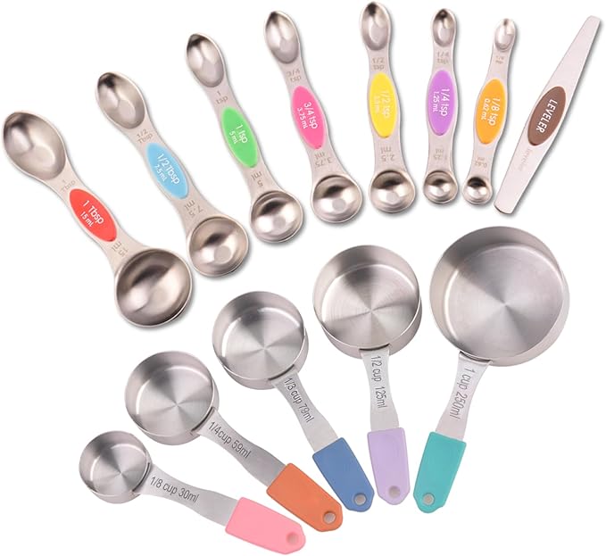 13-Piece All-Magnetic Measuring Cups and Spoons Set, 430 Stainless Steel Metal Measuring Cup and Spoon Set with Silicone Handles & Leveler for Baking Cooking (Multi-color)