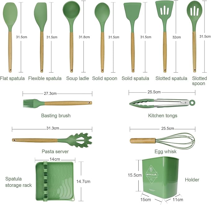 MYKUJA Silicone Cooking Utensils Set, Heat Resistant Kitchen Utensils Set, Spatula,Turner Tongs,Spoon,Brush,Whisk, Cooking Kitchen Utensils Spatula Set, Nonstick Cookware（sage green）