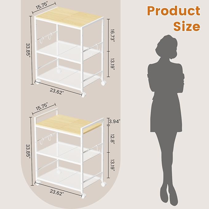Rolling Kitchen Microwave Cart, 3-Tier Microwave Stand with Adjustable Shelf, Kitchen Storage Cart on Lockable Wheels, Coffee Bar Cart Shelf Rack Organizer for Kitchen, Living Room, Office, Balcony
