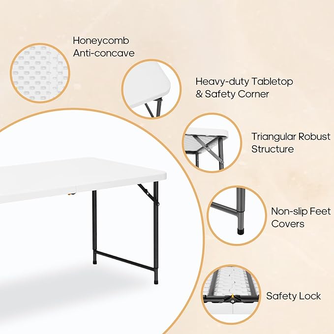 4ft Folding Table with Adjustable Height, 2-Level Foldable Table with HDPE Top & Steel Legs, Portable 4 Foot Folding Table for Picnic, Party, Craft, Indoor Outdoor Use, White