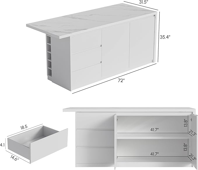 homary Kitchen Island with Storage & Wine Rack, 72" Modern White Kitchen Cabinet with Sintered Stone Top, Large Fixed Island with 3 Drawers & 6 Adjustable Shelves, Without Bar Stools