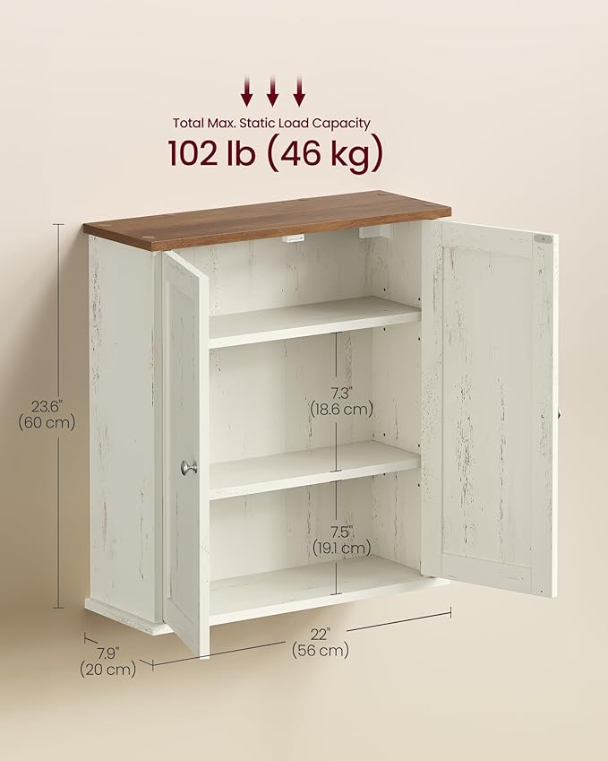 VASAGLE Siren Collection - Bathroom Wall Cabinet, Hanging Bathroom Storage Cabinet, for Medicines, Farmhouse, 2 Adjustable Shelves, 7.9 x 22 x 23.6 Inches, Rustic White and Honey Brown UBBK330WJ01S
