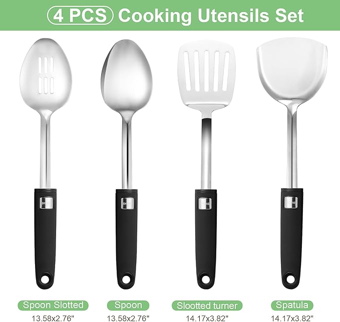 4 Pcs Cooking Utensils Set, 18/0 Stainless Steel Kitchen Utensils, Wok Utensils Set Include Slootted turner, Flat Spatula, Spoon Slotted, Spoon, Easy to Clean