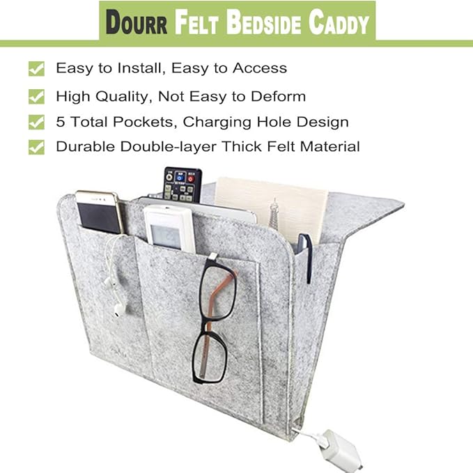 Felt Bedside Caddy Bed Dorm Bunk Organizer Storage Pocket for Organizing Tablet Magazine Phone Small Things Holder (Gray)