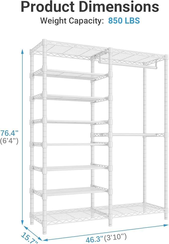 VIPEK S2 Heavy Duty Clothes Rack with Shoe Shelves Freestanding Clothing Rack with 8-Tier Shoe Rack, Double Hanging Rod, Adjustable Shelf, Walk in Closet Organizer Garment Rack, White