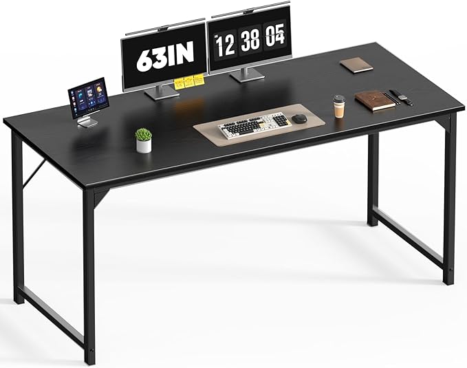 DUMOS 63 Inch Computer Desk Writing Gaming Study Work Large Desks for Bedroom Home Office with Metal Frame Simple Modern PC Compact Table Workstation, Wood Black