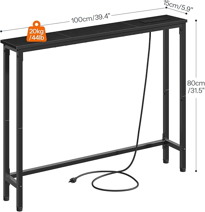 HOOBRO 39.4 Inch Narrow Console Table with Power Outlets, 5.9 Inch Sofa Table with Storage, Skinny Behind Couch Table, for Entryway Hallway, Small Spaces, Black BB52UXG01G1