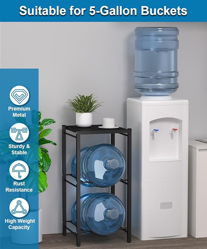 mocomax 5 Gallon Water Jug Rack, 3 Tier Detachable Water Bottle Holder With Storage Shelf, Heavy Duty Water Jug Dispenser Stand Organizer for Kitchen, Office, Home, Black