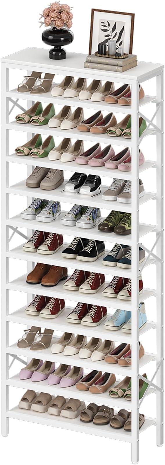 YATINEY 12-Tier Tall Shoe Rack Organizer, Wooden Shoe Storage for Closet Holds 48 Pairs, Sturdy Shoe Shelf with X-Shaped Metal Support, for Entryway, Bedroom, White SS212WW