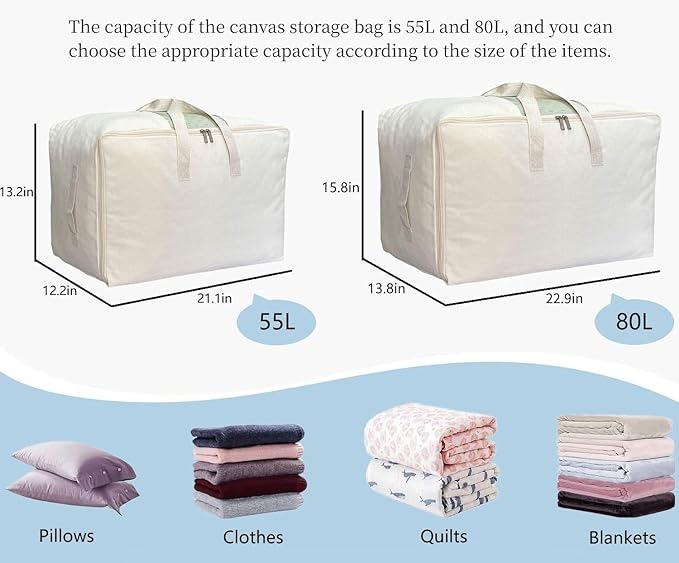 DoYiKe Soft Canvas Clothes Storage Bags with Four Carrying Handles and Clear Window, Closet Organizer for Clothing, Blankets Sheets and Bedding, 55L, Beige