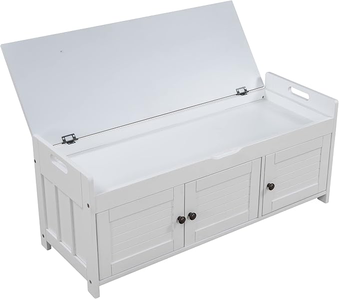 SOFTSEA Storage Bench with 3 Shutter-Shaped Doors Wood Entryway Bench Shoe Bench with Removable Cushion and Hidden Storage