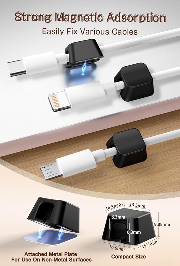 Magnetic Clip for Cords, Maveek 5 Pack Cable Holder Magnet Cord Clips Organizer Desk Wall Metal Table Cable Management for Charger USB C Home Office Car (Black)