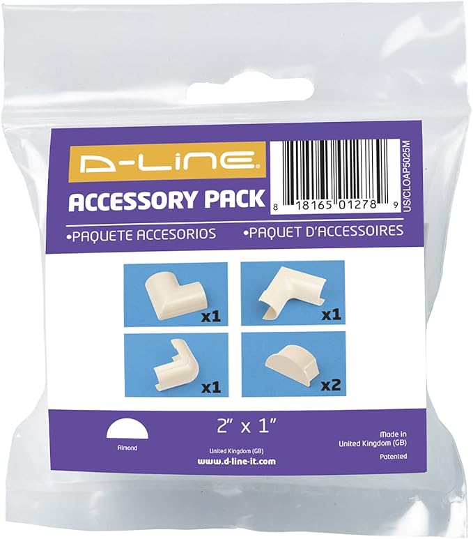 D-Line Large Cable Raceway Accessory Pack, Join 2in x 1in Cord Cover Lengths, 5 Accessories Included, Hide Cords Around a Variety of Angles - Beige