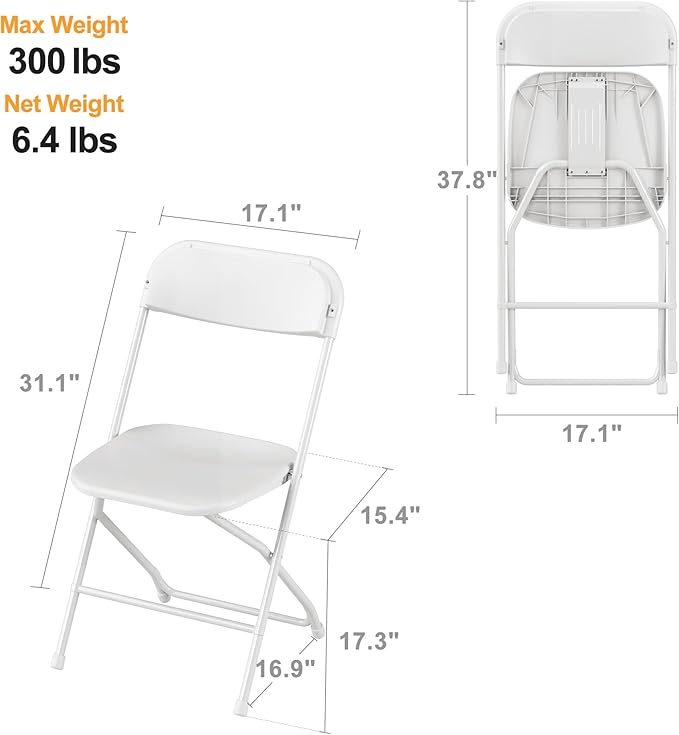 Allpop 5 Pack Plastic Folding Chair, 300lb Capacity, Portable Commercial Chair Seat with Steel Frame for Wedding Party Office Indoor Outdoor Events, Stackable, White