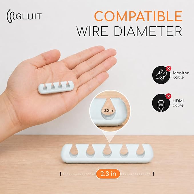 GLUIT Cord Organizer for Desk, Cable Holder for Nightstand, Charger Organizer, Adhesive Desktop Wire Clips, Multislot Cable Management, Table Organizer Accessories - 5 Pack, 15 Slots, White