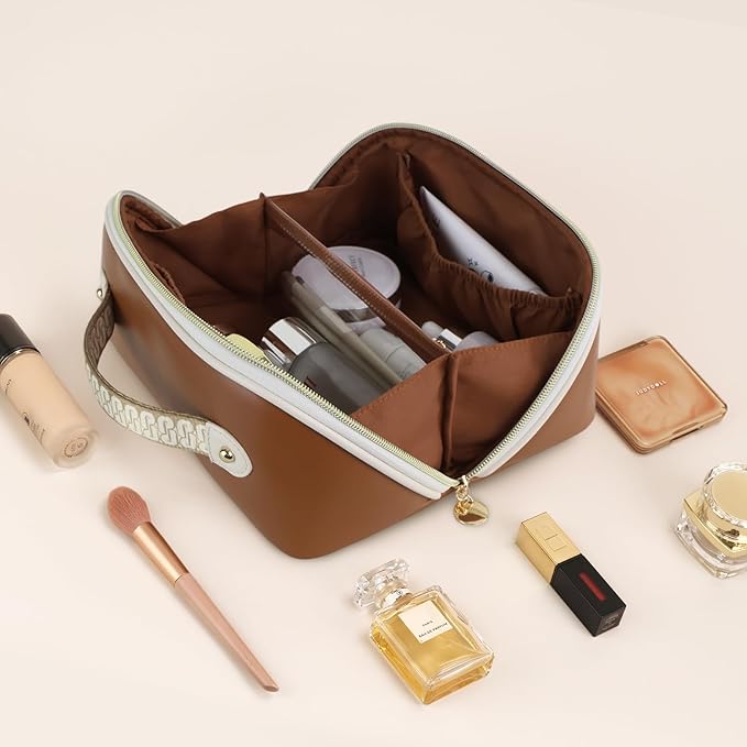 Prite Makeup Bag for Women Travel Waterproof Vegan Leather Cosmetic Bag Open Flat Toiletry Bag With Clear Divider and Handle (Dark Brown, Medium)