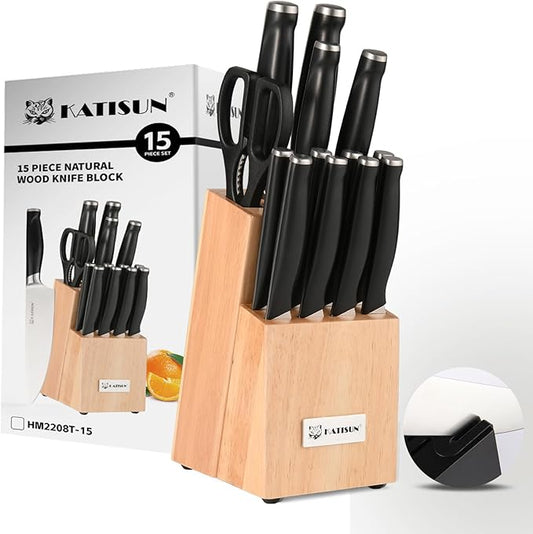 15-Piece Kitchen Knife Set with Block, ABS Ergonomic Handle for Chef Knife Set and Serrated Steak Knives Knife Sharpener and Kitchen Shears, Dishwasher Safe, Natural Block