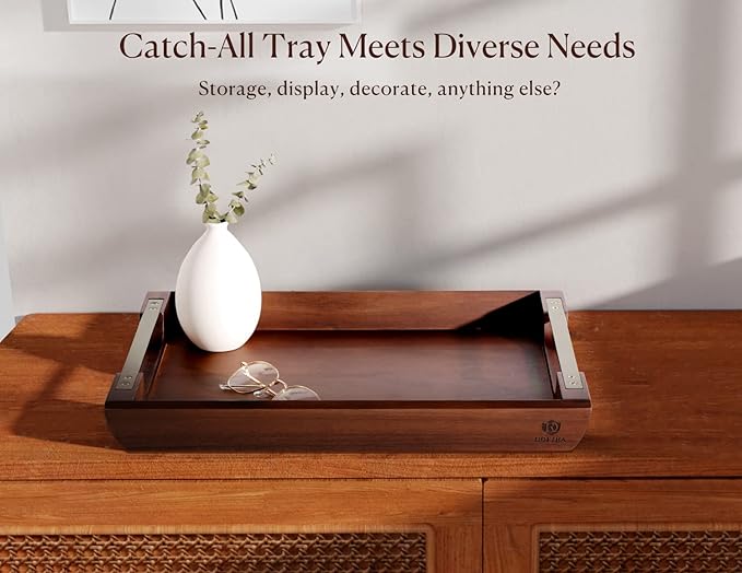 Acacia Wood Serving Tray with Metal Handles, 17x13in Food Drinks Tray for Coffee Table, Breakfast, Dinner & Bar, Rustic Decorative Storage Tray for Ottoman, Kitchen, Elegent Gift for Mom