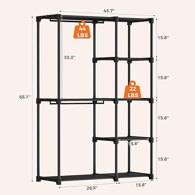 OLIXIS Clothes Rack with Shelves, Portable Wardrobe Closet with Hanging Rods, 44 Inch, Heavy Duty Clothes Rack, Freestanding Closet Organizer, 44" L x 15.7" D x 65" H