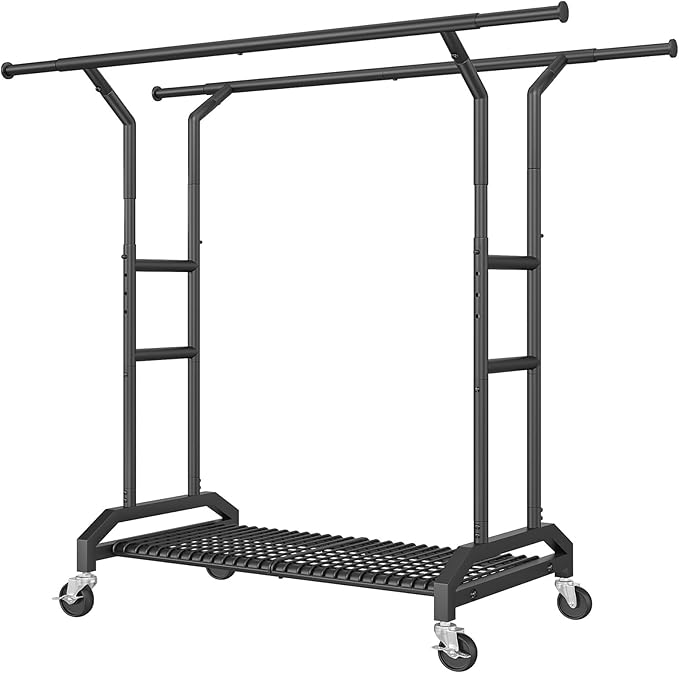 Wiracks Heavy Duty Clothes Rack Double Clothing Rack 450lbs Capacity 3" Industrial Wheels 51"-71" L X 19.7" D X 73"-79" H Stury Rolling Clothes Rack Adjustable Rolling Garment Rack Black