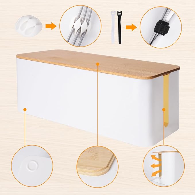 Cable Management Box 2 Pack, Cord Organizer for TV Cables Computer Wires, Under Desk Cord Hider with Bamboo Lid, Large Power Strip Cover for Home Office Router USB Hub, Child Proof Pet Proof - White
