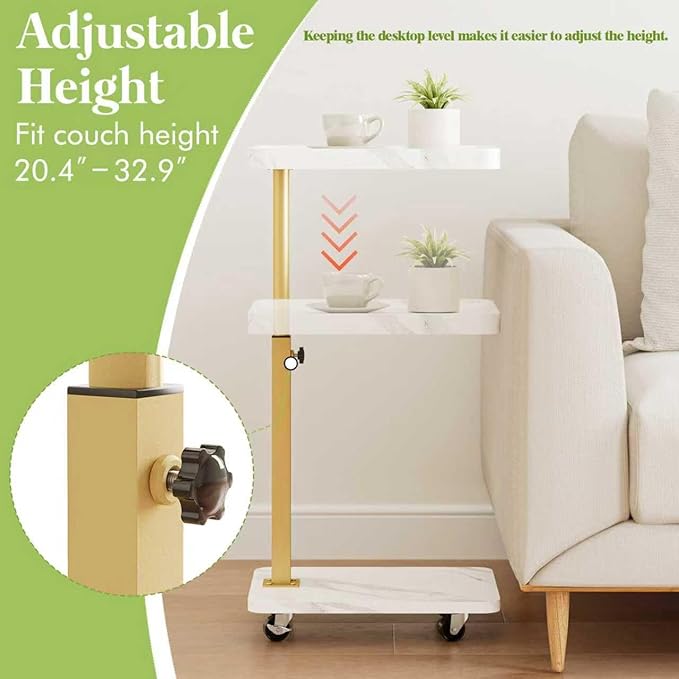 TV Tray Table, Adjustable Dinner Trays for Eating Table,360° Swivel& Sofa Armrest End Side Couch Snack Table for Sofa, Bedroom, Living Room, C Shaped End Table that Slide Under(White+Gold)